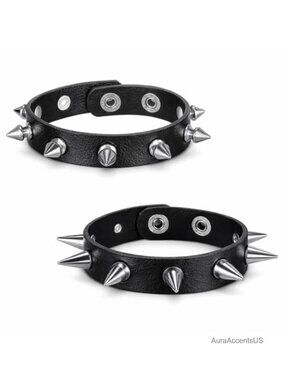 2 Pcs Punk Spike Bracelet Set Studded Faux Leather Adjustable Goth Cuff